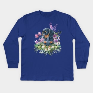 Wild Flower Dachshund Puppy Kids Long Sleeve T-Shirt